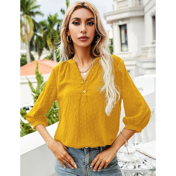 Kvinners Casual 3/4 Ermet Henley V-Hals Knappet Opp Plissert Bak Bluser Sveitsisk