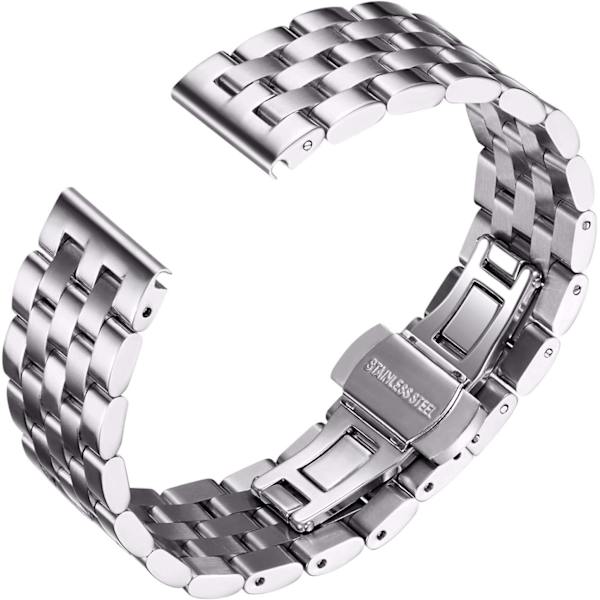 Rustfritt stål klokkebånd erstatning metall klokke stropper for menn og kvinner 18mm/19mm/20mm/21mm/22mm/24mm med buet og rett ende i sølv,