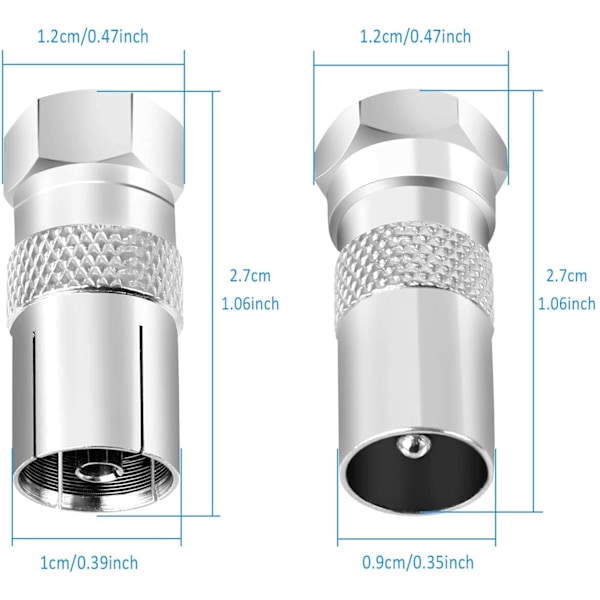 12 st F-hane till koaxialuttag honadapter - silver