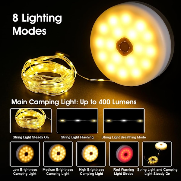 Solcelledrevet camping-lyskæde 32,8 fod, genopladelig LED-campinglanterne til udendørs brug, 8 lystilstande, fjernbetjening, IP44 vandtæt, sammenklappelig mørk