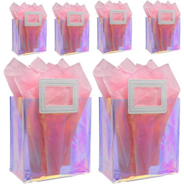 Holographic Clear Gift Bags - 6PCS with Tissue Paper (7.9 x 7.1 x 3.9 inch)