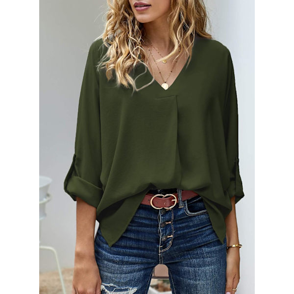 2023 Dam Sommar 3 4 Klockärm/Kort Ärm V-Ringning Chiffon Toppar Casual