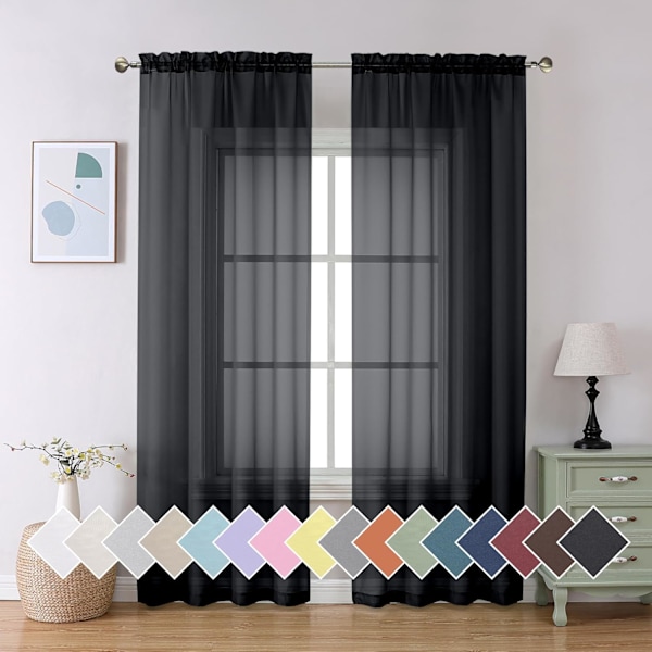 Svarta Halvtransparenta Tyllgardiner - 213 cm Längd (Set om 2) - 203 cm Total Bredd - Elegant Fönsterdekoration för Sovrum & Vardagsrum