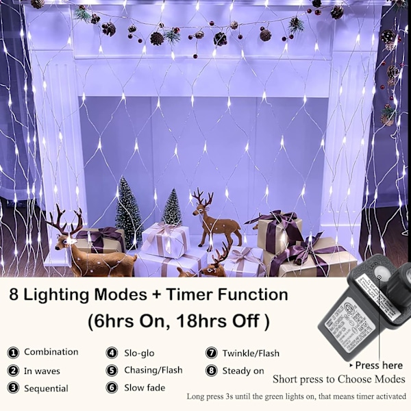 12ft x 5ft 360 LED Julelys Net, 8 Tilstande Busk Netlys Sammenkædelig, Timer, Vandtæt til Juletræer, Buske, Have, Udendørs