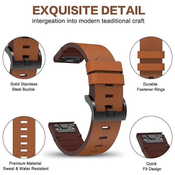 For Garmin Fenix 7 Solar 22mm Læder Stål Spænde Urrem RTR Brown