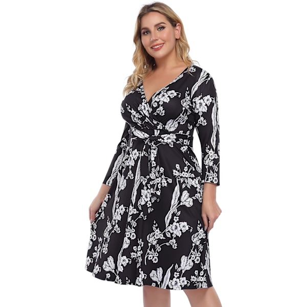 Dam V-ringad 3/4 ärm A-linje Midi Faux Wrap Plus Size Cocktail Party Swing