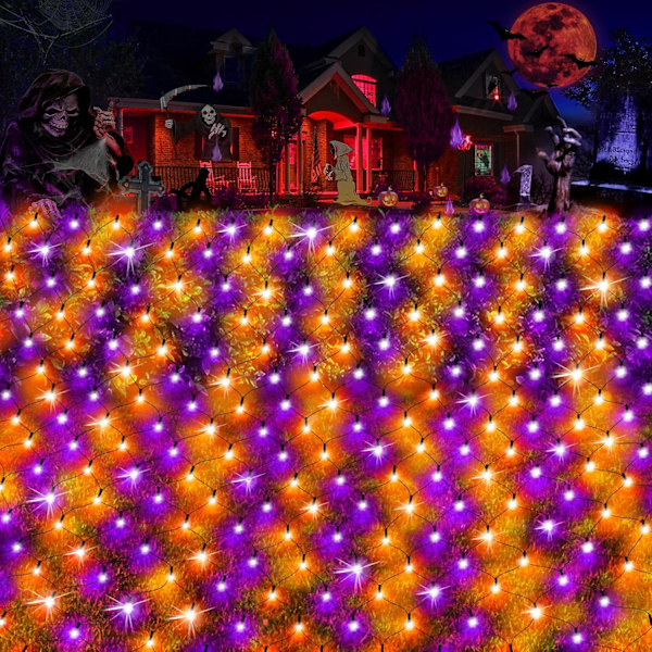 Halloween Net Lights 280 LED Mesh Light 10FT x 6.5FT Net Lights med 8 moduser Halloween utendørs lyslenke Plug-in for hage hekk busker gård