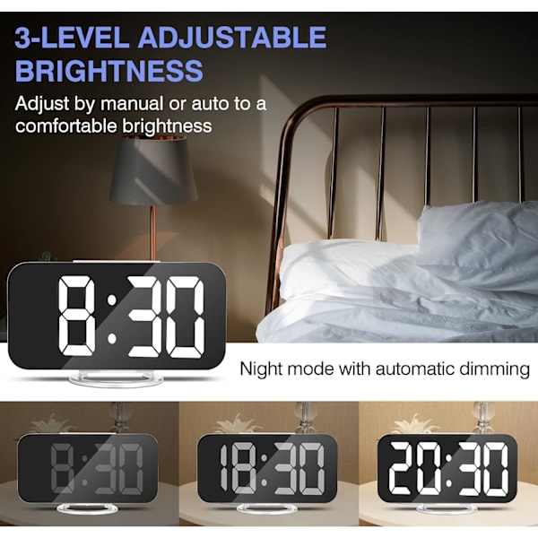 Digitalt vækkeur, 6,6\" stort spejl LED-ur med dobbelt USB-opladerporte | Nem snooze-funktion | 3 justerbar lysstyrke egnet til