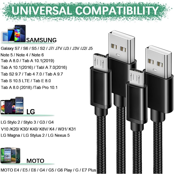 Micro USB-kabel 6ft 2pack Android-laddare Snabbladdningskabel Flätad