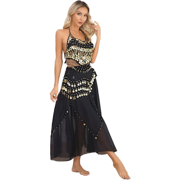 Wome's Belly Dance Outfits Bollywood India Kostume Skinnende Pailletter Crop Top med Nederdel og Hofte Sjal Sort One Size Sort One Size