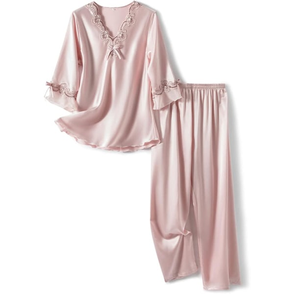 Womens Satin Pyjamasæt Todelt Klassisk Nattøj 3/4 Langærmet