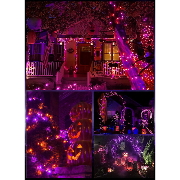Oransje lilla utendørs Halloween-lys, 39 fot 100 LED julelys med 8 lysmoduser, vanntett minilyslenke plugg inn for hage
