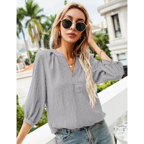 Kvinners Casual 3/4 Ermet Henley V-Hals Knapp Opp Plissert Rygg Bluser Sveitsisk