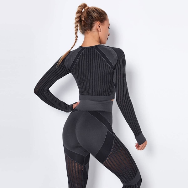 Sömlösa träningsleggings för kvinnor Ripped Mesh Activewear Crop Top Set
