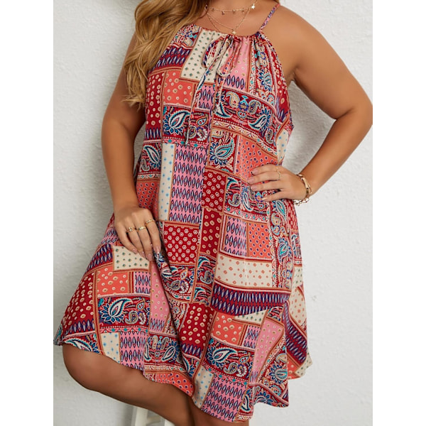 Plus Size Boho Paisley Patchwork Print Ruffle Hem Ærmeløs Halter til Kvinder