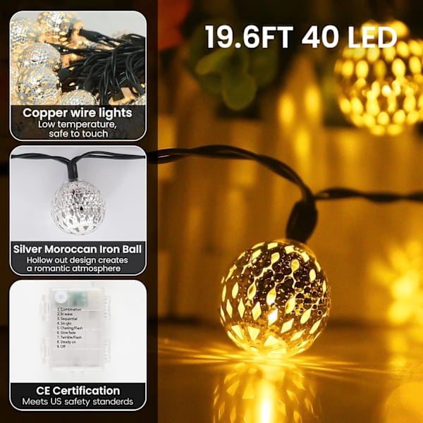 Stringljus inomhus 40 LED marockanska ljusslingor batteridrivna med 8 lägen utomhus ljusslingor vattentäta glob ljusslingor för hemmet