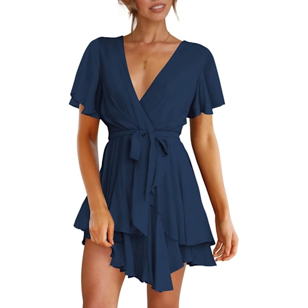Kvinders Kjoler Sommer Lagdelt Ruffle Hem Talje Binde Lynlås Bag Mini Kjole Wrap