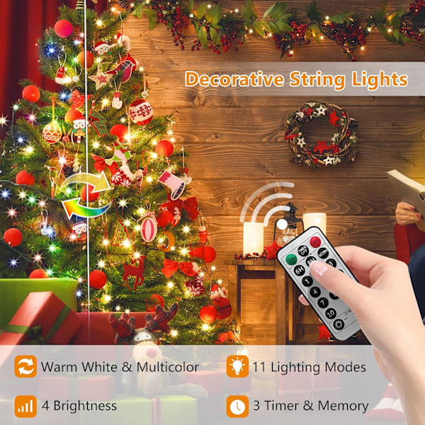 Fargeskiftende julelys, 11 moduser, vanntett 20M 200LED varmt hvitt og flerfarget med fjernkontroll for innendørs utendørs jul 20m