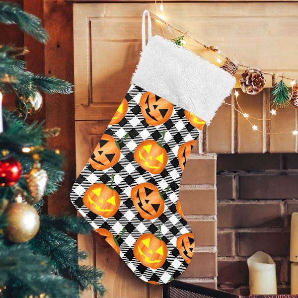 Jule-Strømpe, Personlige Jule-Strømper 2-pak Halloween Græskar Sort Buffalo Plaid 45,7 cm Jule-Strømper Hængende Ornament Pejs