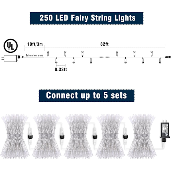 250 LED gröna ljusslingor, 82 fot St Patrick's Day genomskinlig tråd 8 lägen gröna julgransljus utomhus, plugga in vattentäta blinkande ljusslingor för