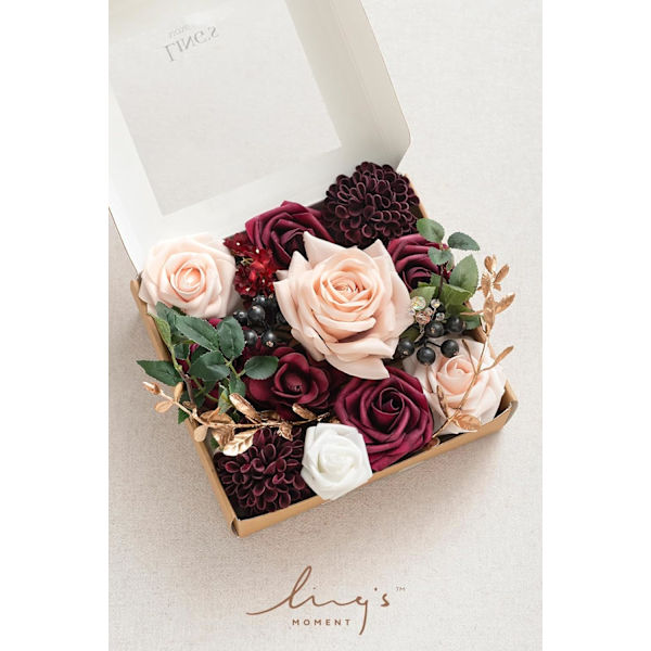 Bordeaux Konstgjorda Blommor och Grönska Mini Combo Box Set, Marsala & Blush