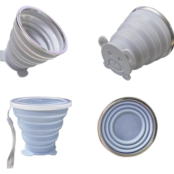 Hopfällbar silikonmugg med lock - Liten hopfällbar drickmugg för resor, camping, utomhus | Portabel & återanvändbar (Blå+Grå, 180ml)