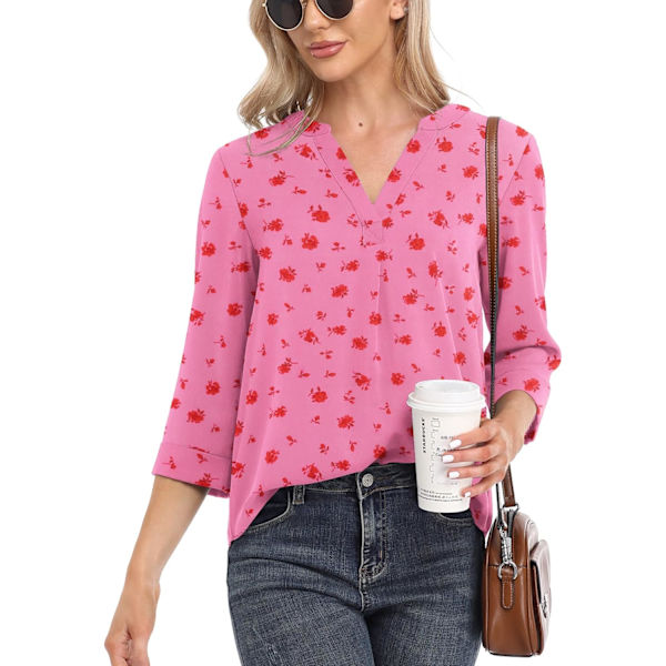 Damtoppar Casual Chiffon Blusar Toppar 3/4 Ärm V-Ringad Tunika Topp Lös Skjorta