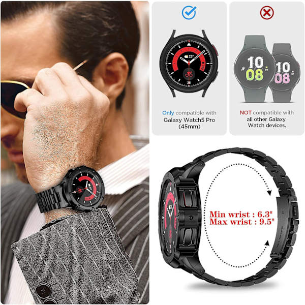 Rustfrit stålkasse og -remme kompatibel med Galaxy Watch 5 Pro-rem 45mm (2022), justerbar metalbeskytter robust cover-rem til Watch 5