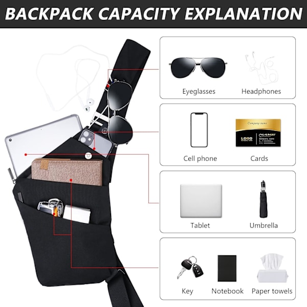 Slingväska bröstryggsäck casual dagryggsäck svart axel crossbody lätt