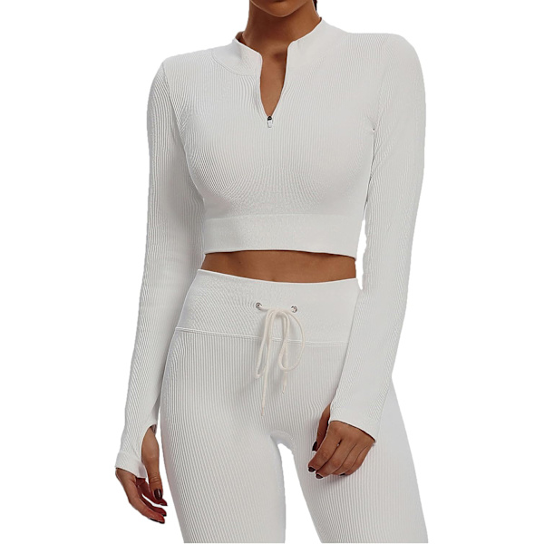 Sömlösa 2-delade outfits för kvinnor Ribbade långärmade dragkedja framtill Crop Top + High