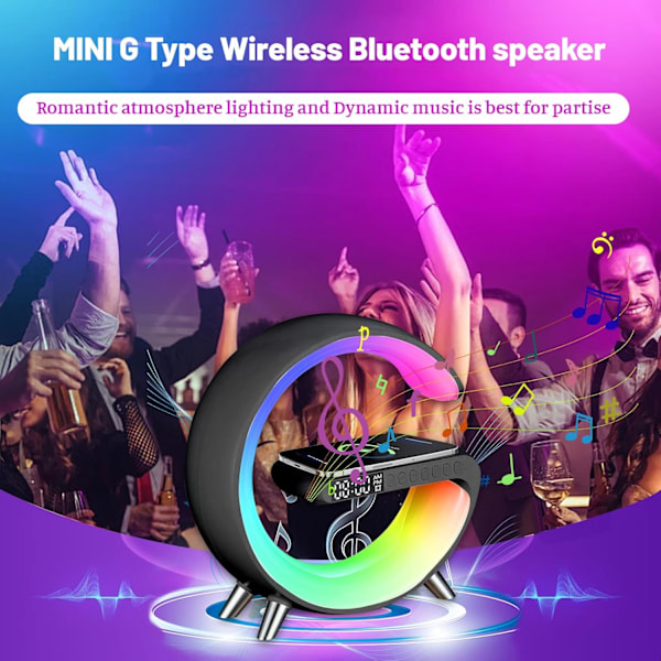 Vækkeur med trådløs opladning Bluetooth-højttaler, G-formet 4 i 1 trådløs oplader natlyslampe, intelligent LED-bordlampe, smart sort