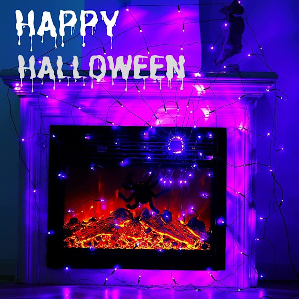 Spider Web Lights - 4FT Diameter 70 LED med Sort Edderkop, Vandtætte Net Lights, Fjernbetjening, 8 Tilstande Cobweb til Hus Have Indendørs Udendørs