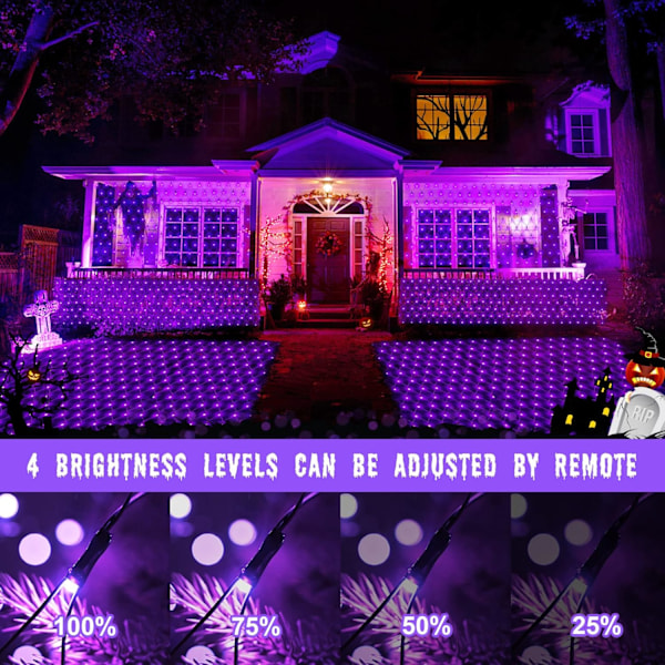 Lilla Halloween Net Lights til Udendørs - 360 LED Net Lights Vandtætte med Fjernbetjening, 12x5 ft Udvidelige 8 Tilstande Jule Net Lights med Grøn Ledning