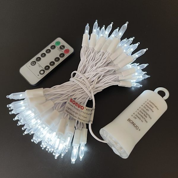 Mini julelys Batteridrevet 33FT 100 LED Hvid Wire String Lights med Fjernbetjening Timer 8 Tilstande til Indendørs Udendørs Træ Krans Bryllup
