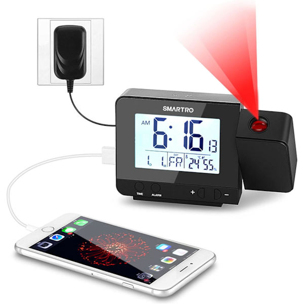Projektionsvækkeur til soveværelser, digitalt ur med indendørs termometer hygrometer, USB-oplader, sengetidsvækkeur projektor, rejse, AC &