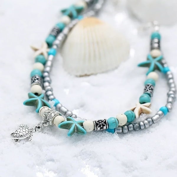 Ny 2025 King Women Trendy Starfish Yoga Anklet Summer Sandy Beach Två Lager String Pärlor Fotkedja Modeaccessoarer Kreativ Present Som Bild  Som