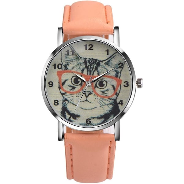 Unisex Scholar Kattmønster Lærbånd Analog Quartz Dial Klokke