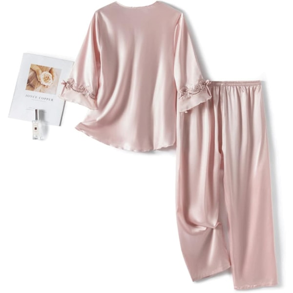 Dame Satin Pyjamas Sett Todelt Klassisk Nattøy 3/4 Lang Erme