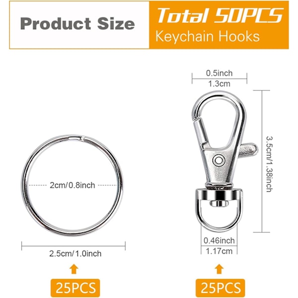 Svingbare karabinkroker med nøkkelringer - 50 stk. førsteklasses metallhummerkloklemmer for snor, nøkkelringer og håndverk