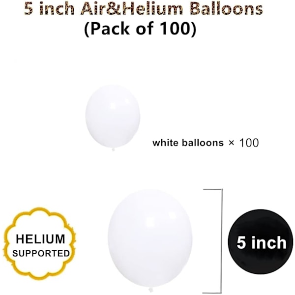 5 toms hvite lateksballonger, 100 stk Mini tykke hvite partyballonger