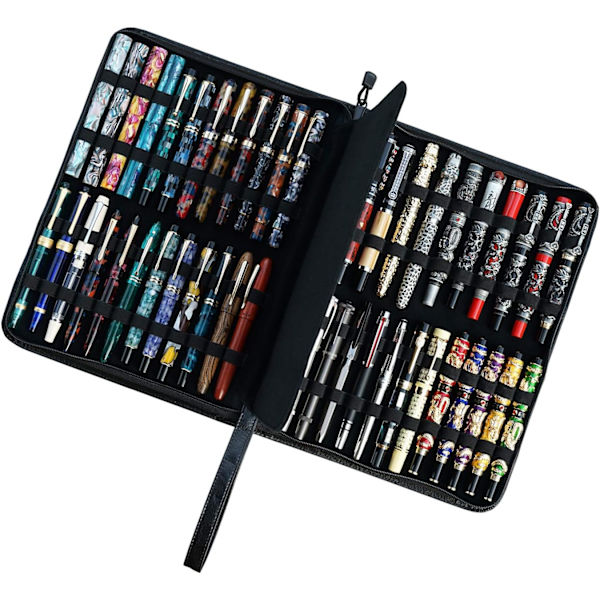 Rel Leer n Cse for Fountin n/Rollerbll n, Genuine Cowhide Holder Pouch Bg for 4 ns, Fit in Vrious Size Lrge Cpcity Office Black-46 Slots