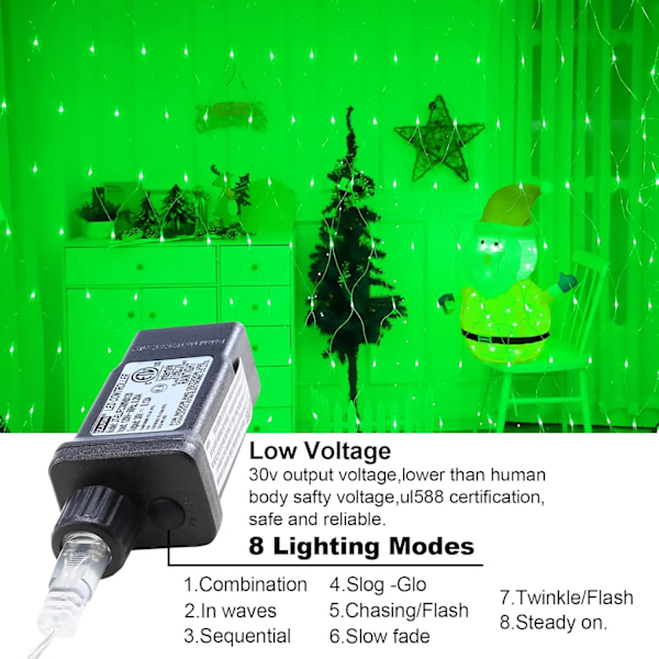 Gröna julnätljus utomhusdekorationer, 9,9ft x 6,6ft 264 LED inomhus Twinkle Mesh Lights, IP44 vattentät 8 lägen Fairy Netting Bush Green