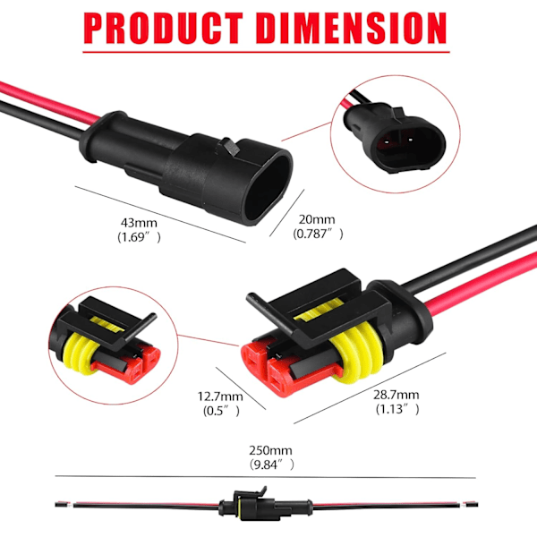 5-pakning 16AWG vanntette elektriske kontakter - 2-pinners værpakke