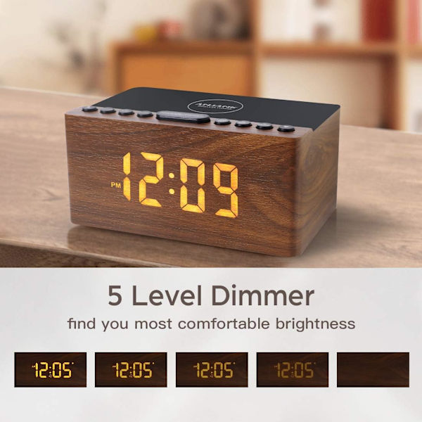 Digital LED-väckarklocka FM-radio, snabb trådlös laddningsstation för iPhone/Samsung Galaxy, 5-nivås dimmer, USB-laddningsport, 2 ljud, sömn