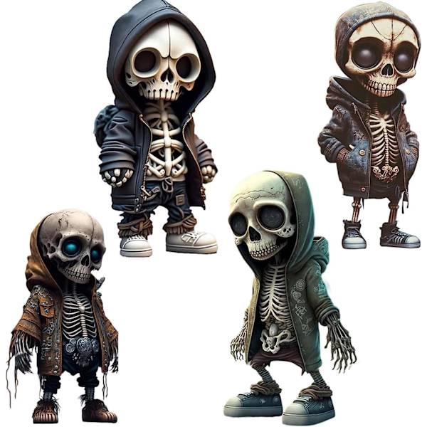 4 stk. seje skeletfigurer gotiske kraniefigurer harpikshåndværkspynt, 2023 personlige mini seje skeletindretning kranieinstrumentbræt