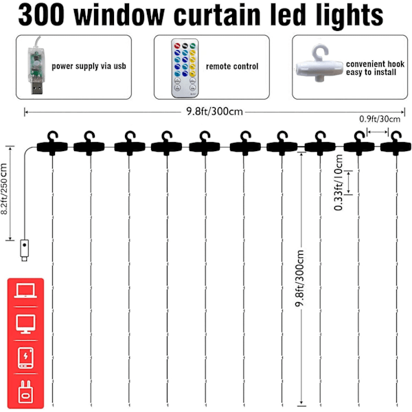 Gardinstrenglys, 300 LED 9,8ft x 9,8ft Varm Hvid Fe-lys med 8