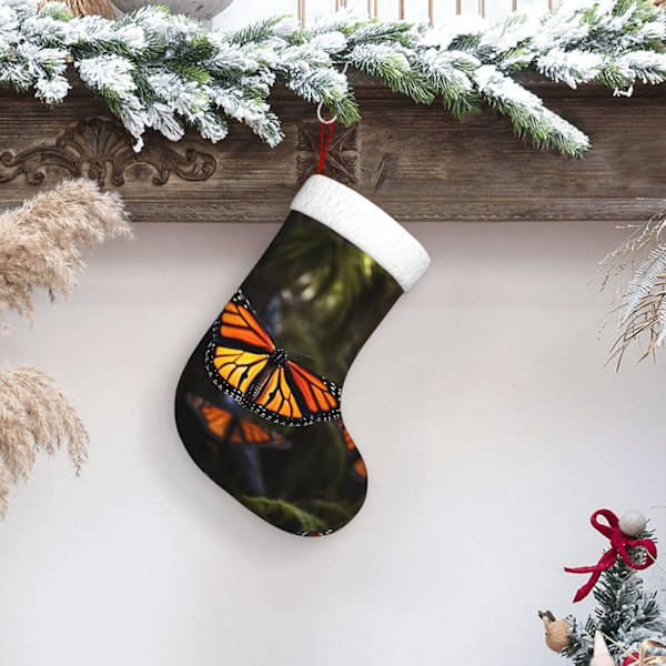 Monarkfjärils Julstrumpor Sammet Julstrumpor med Vit Super Mjuk Plysch Manschett Klassisk Jultomte Strumpa Hängande Ornament Dekoration