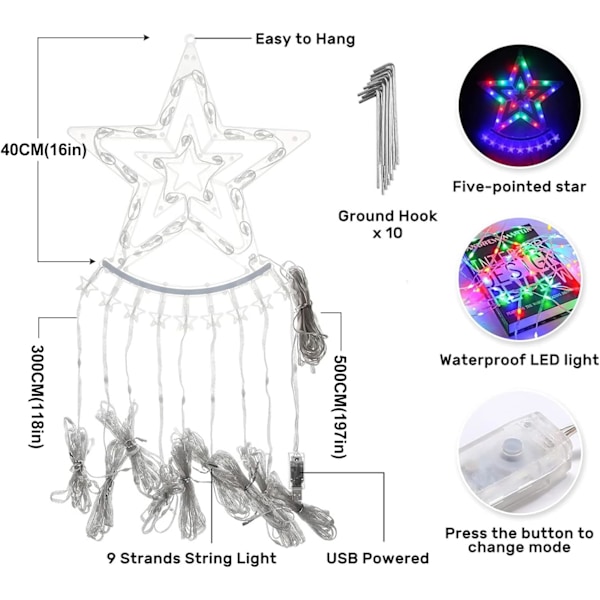 Utendørs juledekorasjoner stjernesnorlys med fjernkontroll APP-kontroll 10FT 305LED fossefall juletrelys RGB fargeskiftende vanntett