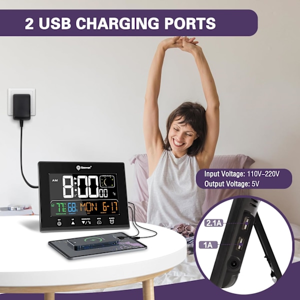 Digital Atomur för Sovrum med Batteribackup, HD Färgdisplay Atomur med Bakgrundsbelysning, 2 USB-portar, Inomhustemperatur och Luftfuktighet, Måne