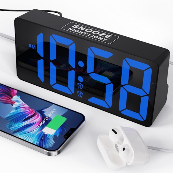 Digital väckarklocka för sovrum, 7\" digitalklocka med dubbla alarm, typ C & USB-laddningsport, nattlampa, fet siffra stor display, 7 blå